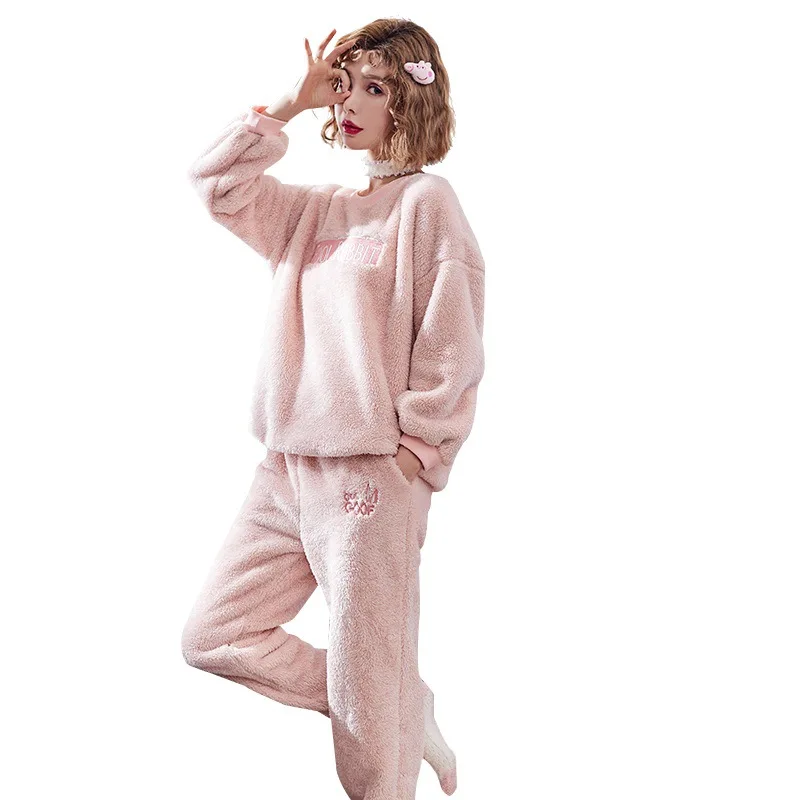 Новинка 2019 зимняя женская пижама теплая Хлопковая с длинным рукавом 2 предмета