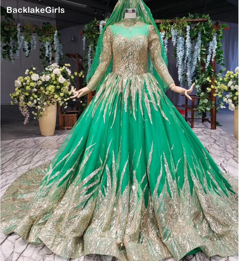 Блестящие расшитые блестками золотые кружевные зеленые мусульманские Вечерние