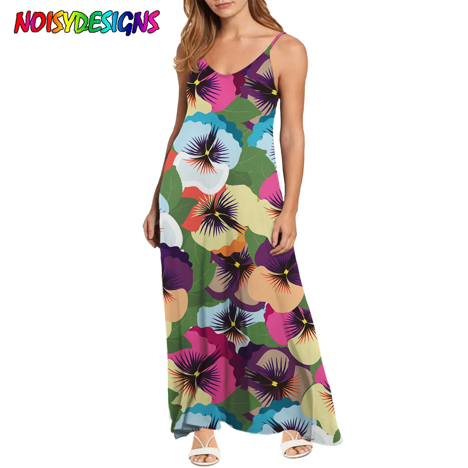 NOISYDESIGNS Elegant Floral Print Pansy Flowers Women Dress Summer Spaghetti Strap Dress Loose 2021 Sexy Sleeveless Vestidos