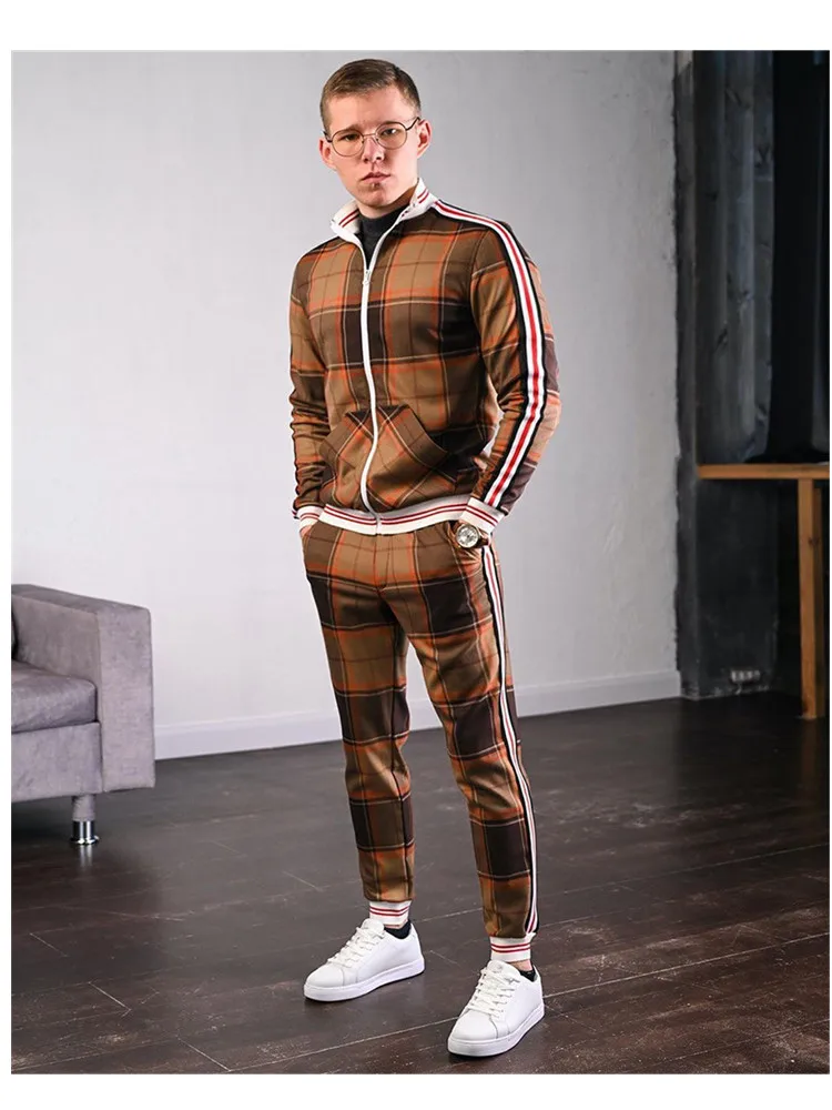 

Men Sets 2 pieces Tracksuit Homme Zipper Grid Cardigan Sweatshirts+Pants Sportwear Suit Casual Men Print Jogging Men's Suit