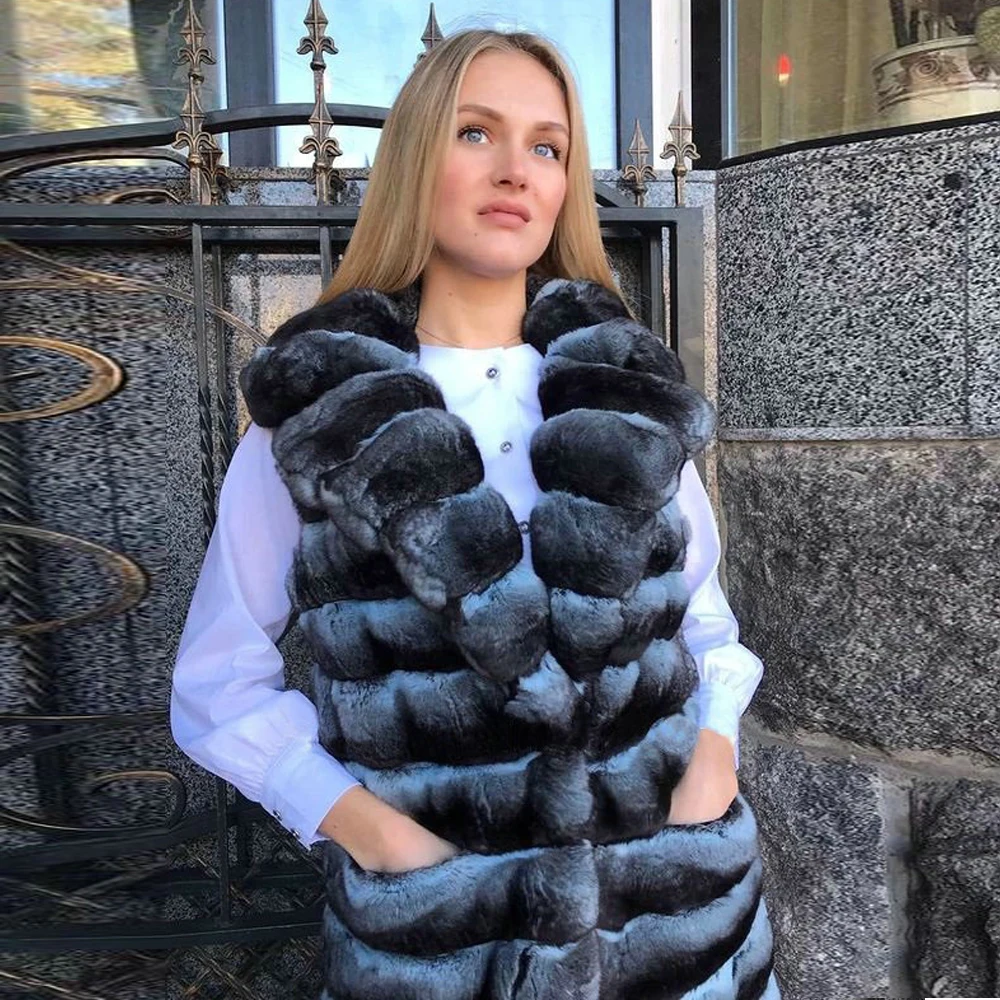 120cm Long Real Rex Rabbit Fur Vest Turn-down Collar Light Blue Women Casual Full Pelt Rex Rabbit Fur Coats Sleeveless Outwear