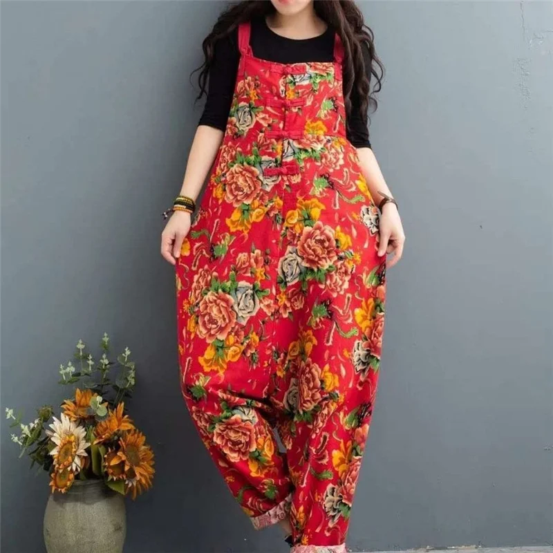 Jumpsuits Women Overalls Floral Print Cotton Linen Jumpsuit 2023 Long Holiday Summer Overalls Rompers