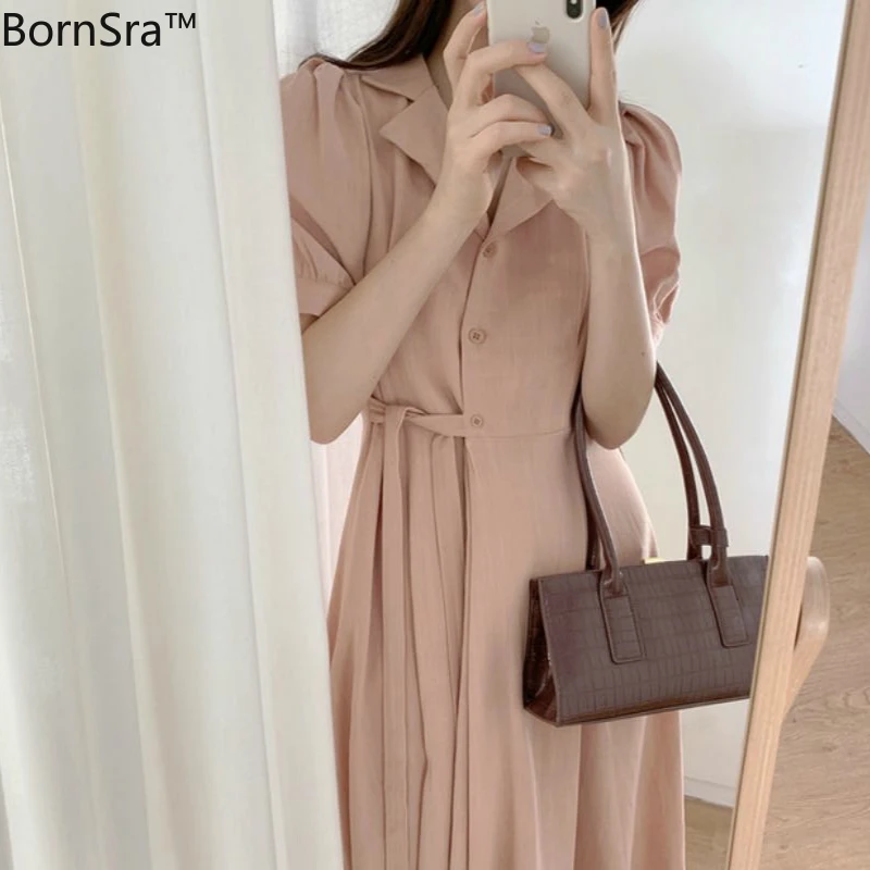 

Bornsra 2020 Summer Minimalism Hubble-bubble Sleeve Cotton Woman Dress Empire Regular Mid-Calf Solid Vintage Female Dress