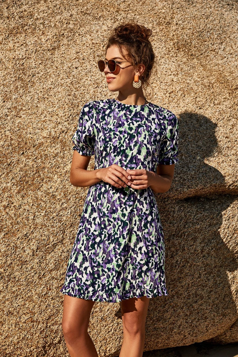 

2021 Casual Short Sleeve O-neck Pullover Dress High Waist Printing Long Sleeved Dresses For Women