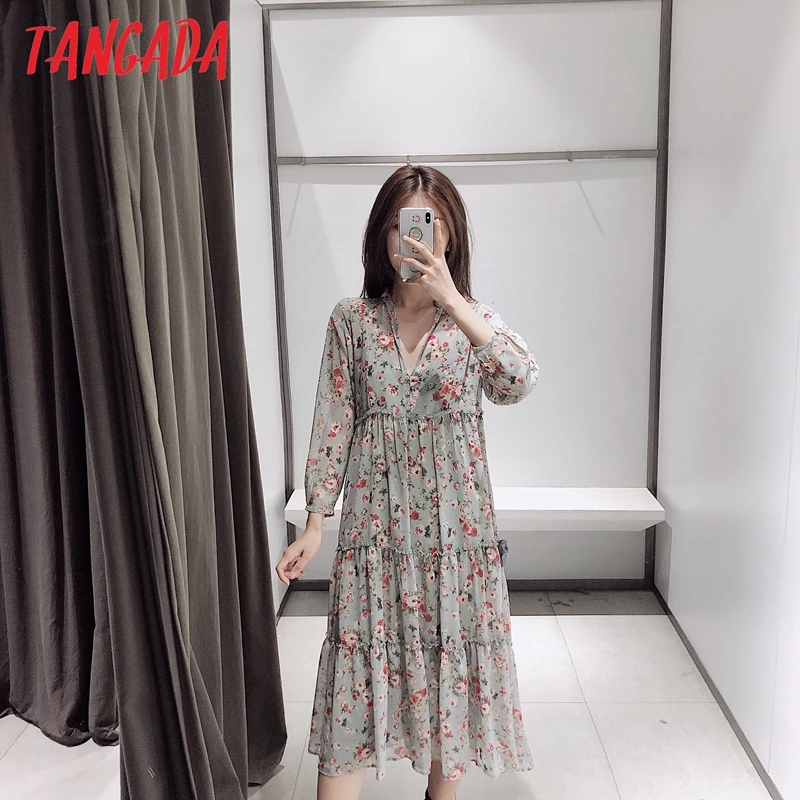 Tangada модное женское платье средней длины с цветочным принтом и оборками, с длинным рукавом и круглым вырезом, комплект из двух предметов, винтажные платья 3H19