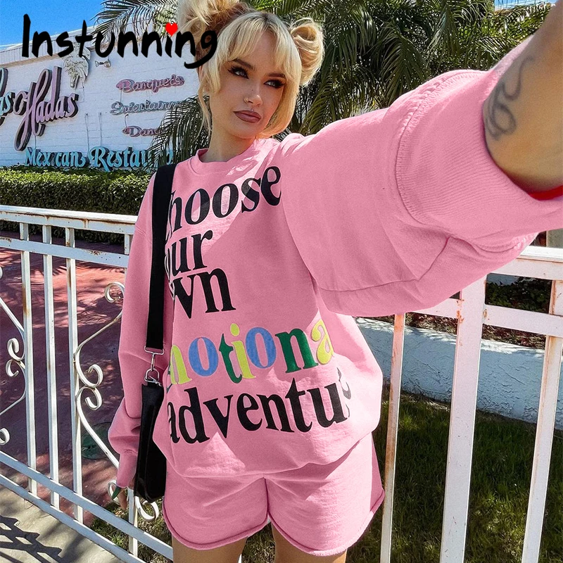 

Instunning Women Letter Print Casual Sweatshirt Shorts Two Piece Set 2021 Autumn Long Sleeve Daily Streetwear Cotton Sweet Suit
