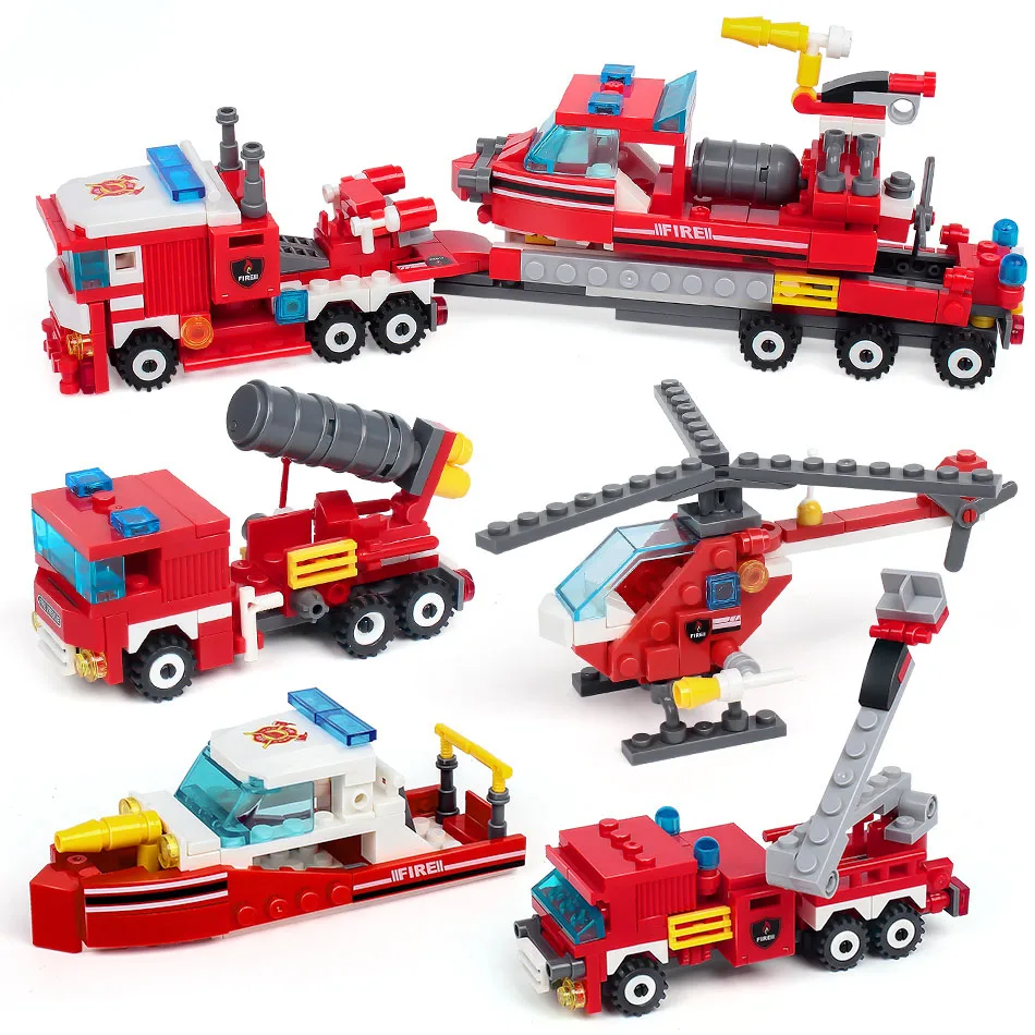 4in1 Fire Fighting Trucks Car Helicopter Boat Child Toys 348pcs Bricks Assembling Blocks Compatible City Firefighter Toys I0305
