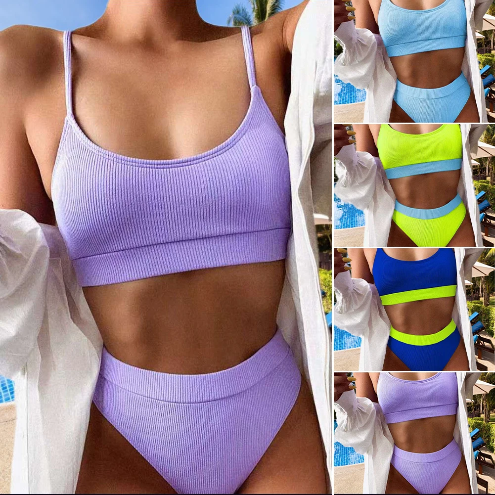 

FASHION High Waist Bikinis Swimsuit Women Push Up Swimwear Ribbed Strap Bathing Suit Biquini Brazilian Bikini 2021 New Beachwear