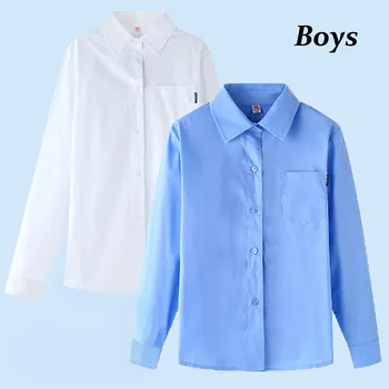 Boys School Blouse Shirt Long Sleeve White Shirt Sky Blue Formal Blouse Top For Student Ages 4-15 Years Tops Children Clothes 1