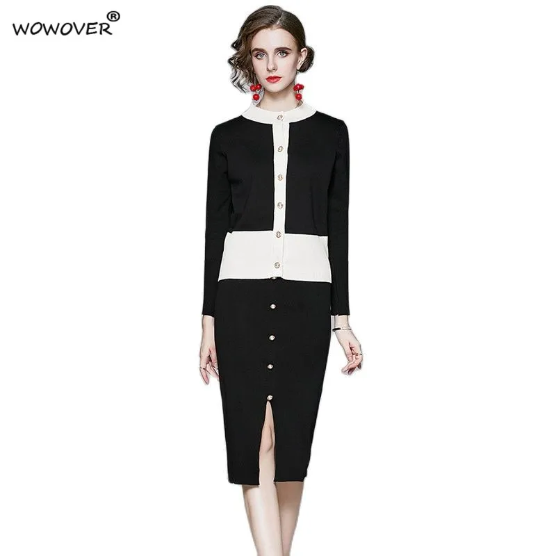 

Fashion New 2022 Spring Runway Knitted Dress Set Elegant Women's Long Sleeve Color Block Sweater Skirt Suit 2 Piece Party Outfit