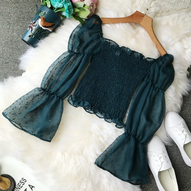 Шифоновая Блузка без бретелек с открытыми плечами и длинными рукавами