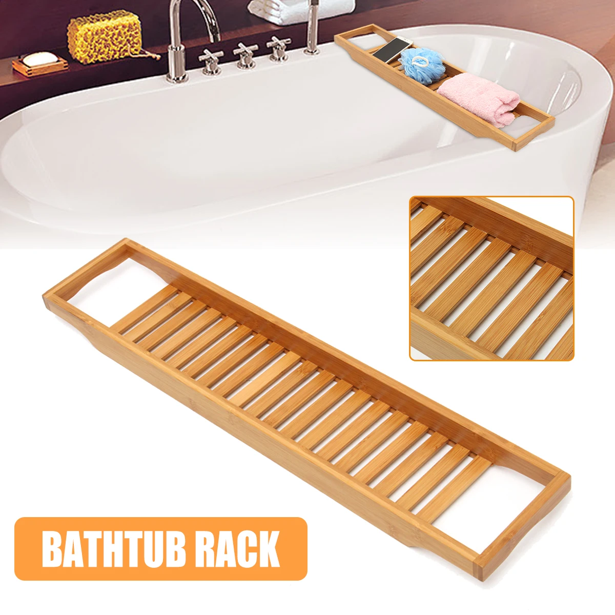 

70-105cm Extendable Bamboo Bath Caddy Tray Adjustable Home Spa Wooden Bathtub Tray Book Wine Tablet Holder Reading Rack