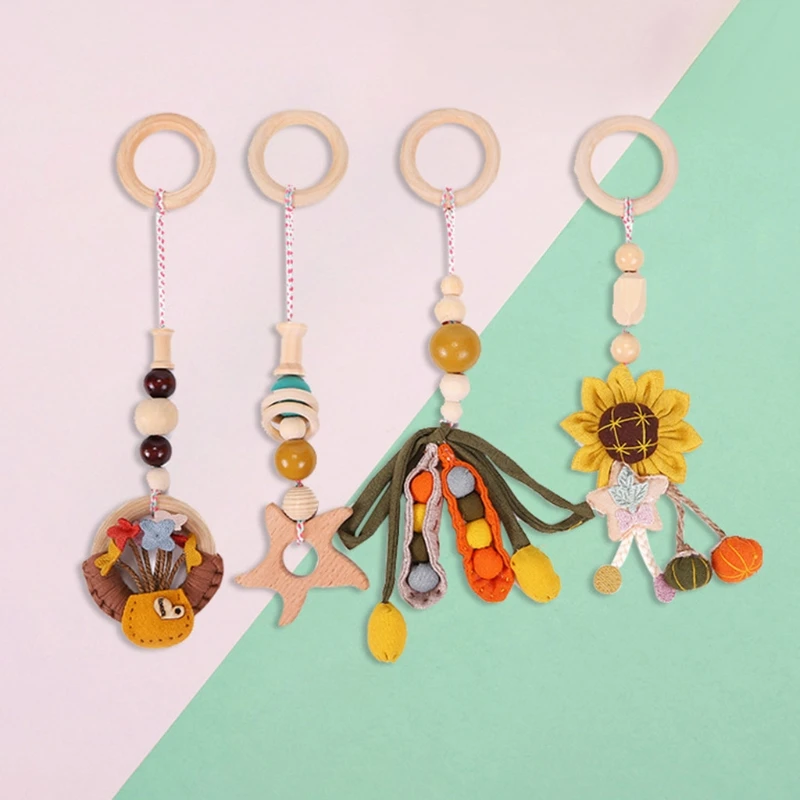 

4 Pcs/Set Baby Play Gym Frame Stroller Hanging Pendants Wood Ring Teether Molar