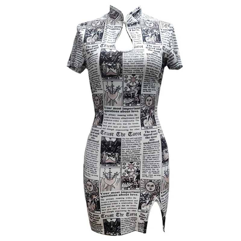 

New White Split Pencil Dress Short Sleeve High Neck Button Bodycon Dress Print Tight Buttocks Hollow Out Design Mini Dress Party