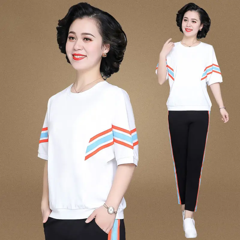 

Mom's Summer Fashion 2 Piece Sets Women Casual Striped Short Sleeve Loose O-Neck Pullover Tops + Sweatpants Suit Joggers Outfit