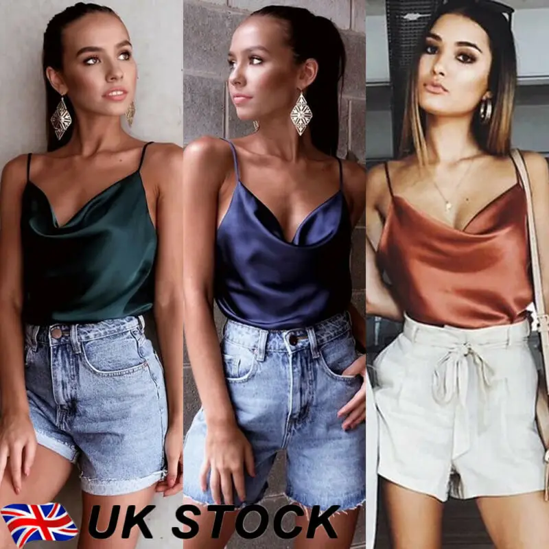 Женская шелковая атласная майка UK однотонная на бретельках топы блузка без