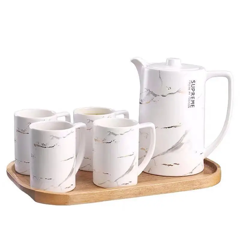 

New European style marble tea set set ceramic coffee cup set simple afternoon tea set with wooden plate