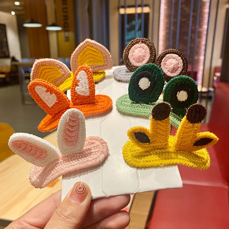 

2021 New Knitting Hair Clips Cute Bear Rabbit Animal Ears Child Women Girls Sweet Hairpins Gum Kids Hair Accessories