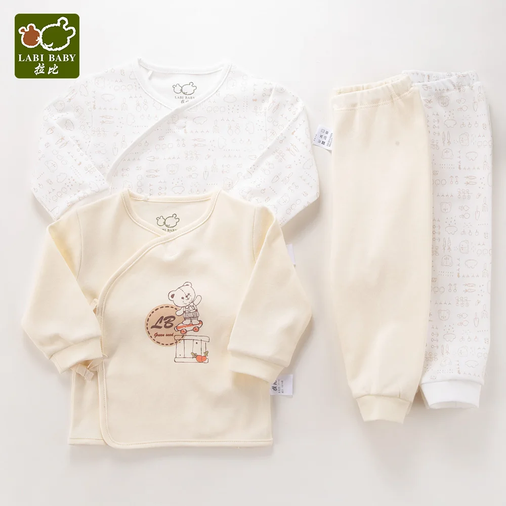 2 Set Newborn Baby Kids Sleepwear Pajamas Unisex Sleep Apricot Cartoon Bear Soft Cotton Long Sleeve Top Pants