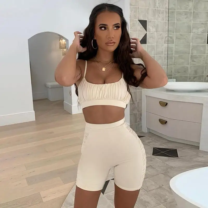 

Fitness Stacked Leggings Shorts 2 Piece Set Jogging Women Lounge wear Vest Crop Top + Bikers Shorts Bodycon Two Piece Set Outfit