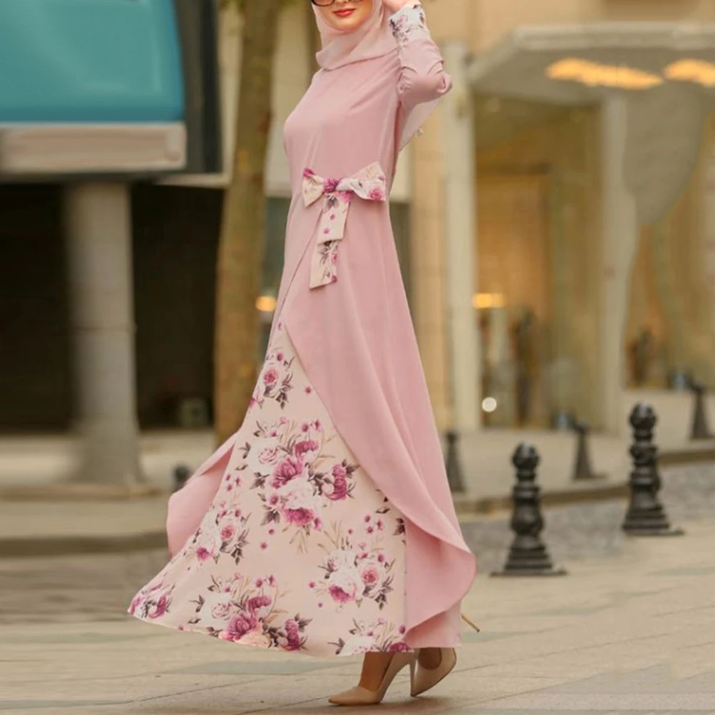 Мусульманское вечернее Макси женское платье с цветочным бантом длинным рукавом