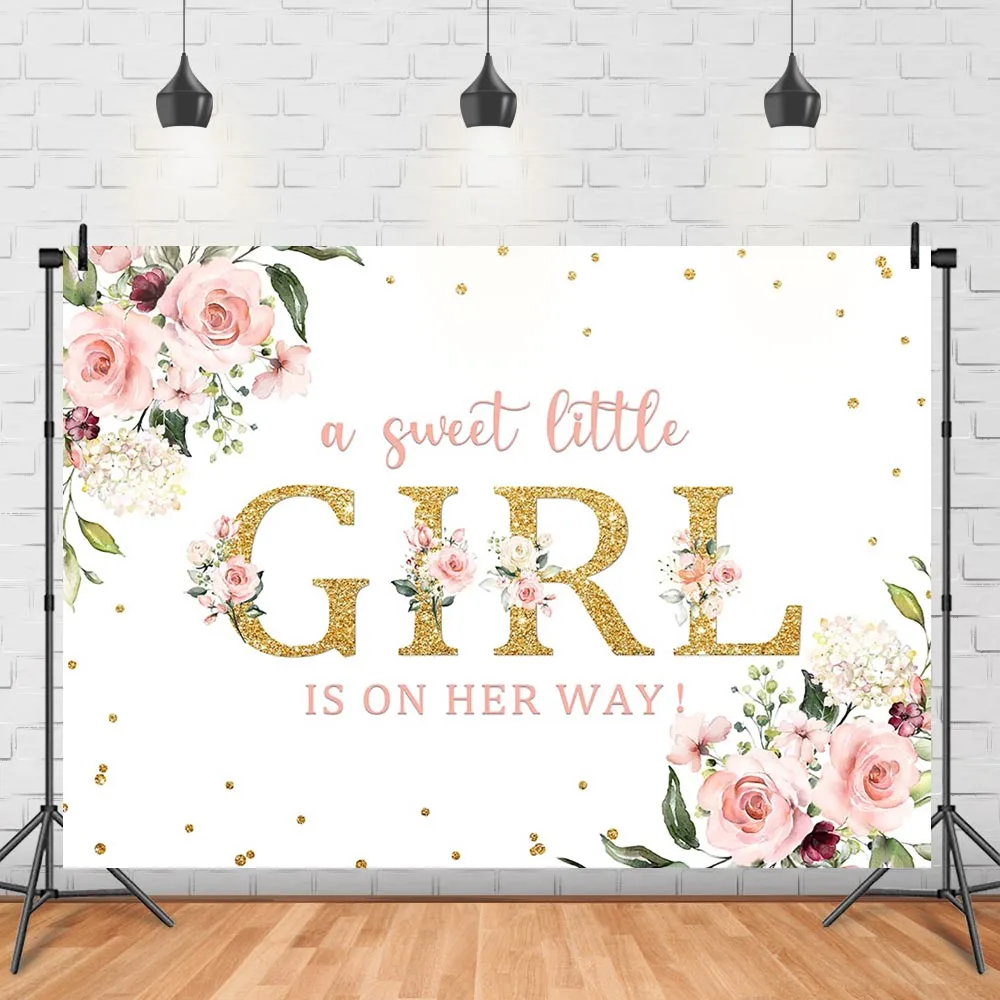 Pink Floral Baby Shower Backdrop Gold Glitter Girl Birthday Party Decoration Background Green Leaf Portrait Photography Banner |