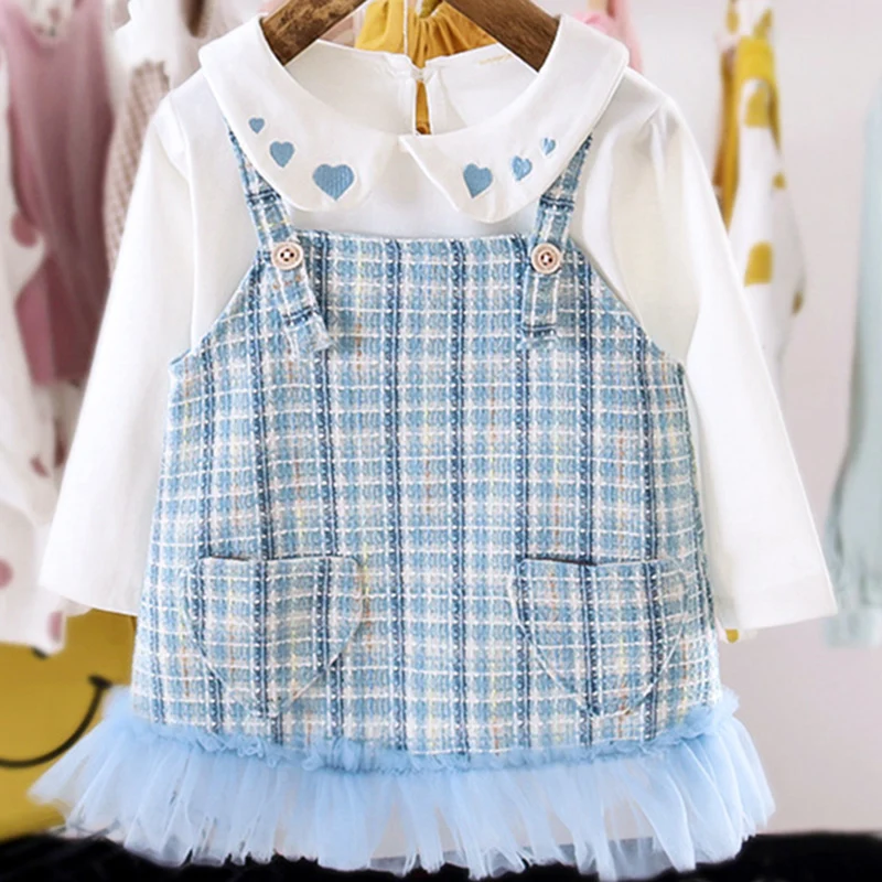 

2021 New Spring Autumn Clothing Sets Baby Girl Clothes Lapel White Top+Strap Dress 2Pcs Girl Set For Newborn Baby