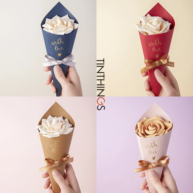 

20/50pcs 21cm Creative Candy Box Rose Gift Wrap Wedding Favors For Guests Chocolate Packaging Paper Bag Ribbon Valentine's Day