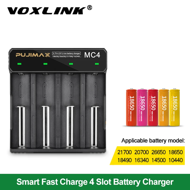 Зарядное устройство VOXLINK 18650 с 4 слотами USB-кабель для быстрой зарядки 26650 18350 14500 26500