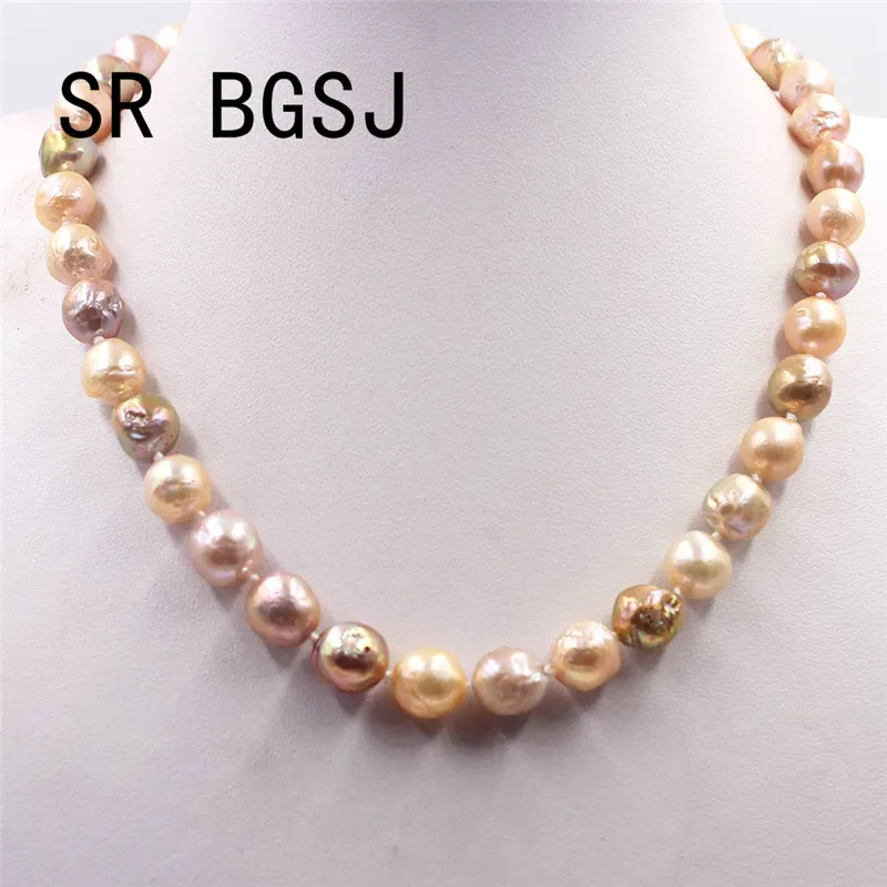 

Free Shipping 9-11mm Pink Purple Gold Edision Freshwater Pearl Beads Knot Moon Clasp Women Necklace 18"