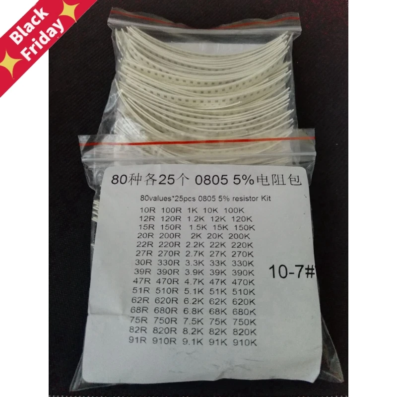 

2000pcs 0805 SMD Resistor Kit Assorted Kit 10ohm-1M ohm 5% 80valuesX 25pcs=2000pcs Sample Kit DIY