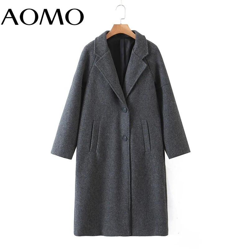 

AOMO Women 2021 Winter Gray Thick Woolen Coats With Button Loose Long Sleeves Pocket Ladies Elegant OverCoat 2Z18A