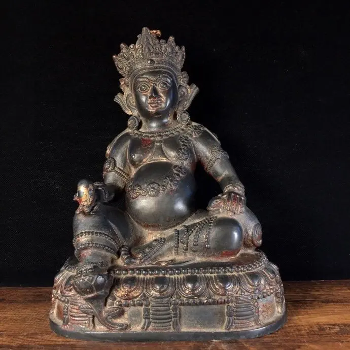 

10"Tibet Buddhism Temple Old Copperware Cinnabars Yellow God of Wealth Buddha Statue Jambara statue Esoteric Guardian Enshrine
