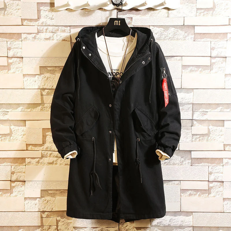 

2021 autumn new trend plus size medium and long windbreaker youth solid color work clothes hooded men's wear