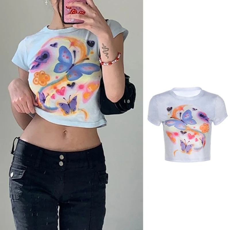 

Women Short Sleeve O-Neck T-Shirt Aesthetics Butterfly Print Kawaii Crop Top LX9E