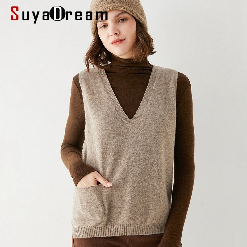 

SuyaDream Women Sweaters 100%Wool V neck Vests 2021 Fall Winter Wool Pullovers for Woman Knitted Tanks Khaki