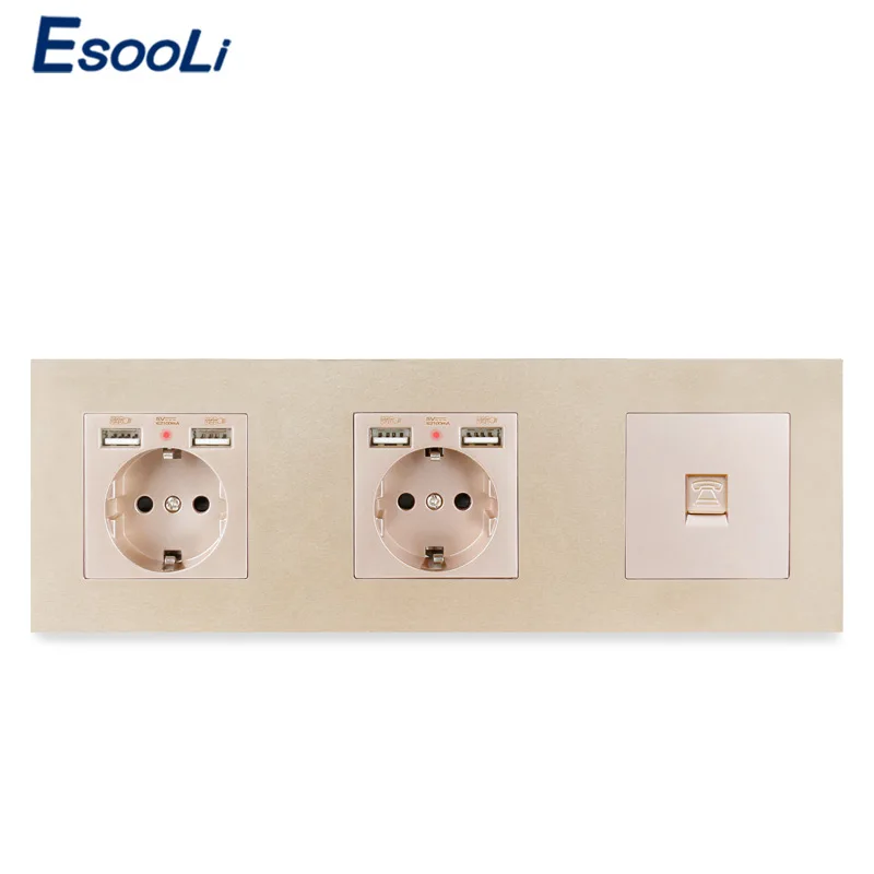 

ESOOLI PC Plastic Panel Double French Standard Wall Socket with 4 USB Charging Port + RJ11 Telephone Connector AC 110~250V