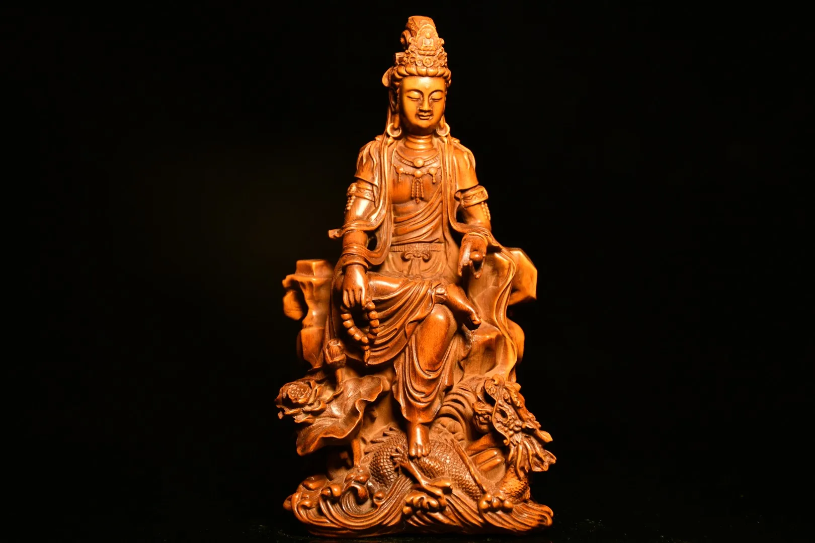 

6"China Lucky Old Boxwood Hand-carved Free Avalokitesvara Guanyin Bodhisattva Statue Pen holder Office Ornaments Town House