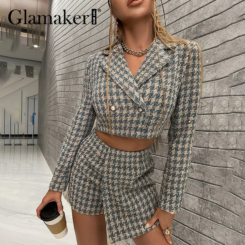 

Женский твидовый костюм Glamaker из двух предметов, зимний клетчатый укороченный пиджак и шорты с принтом, элегантные костюмы для рождевечерни...