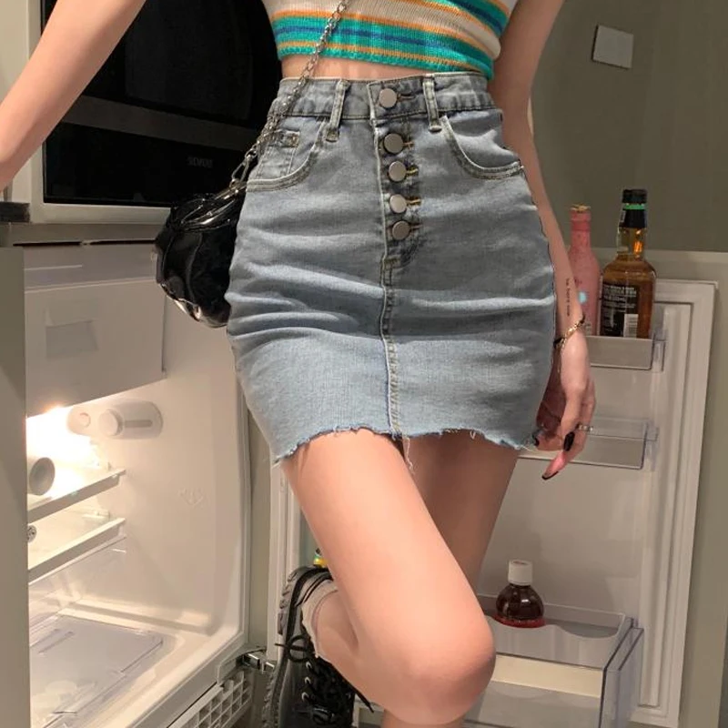 

Женская джинсовая мини-юбка с завышенной талией, трапециевидная мини-юбка из джинсовой ткани, в Корейском стиле, на лето, 2021