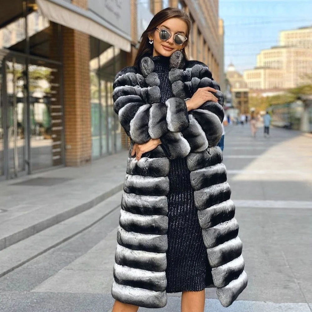 Winter Fashion Natural Rex Rabbit Fur Coat Stand Collar 2021 New Genuine Whole Skin Rex Rabbit Fur Long Coats Thick Fur Overcoat enlarge