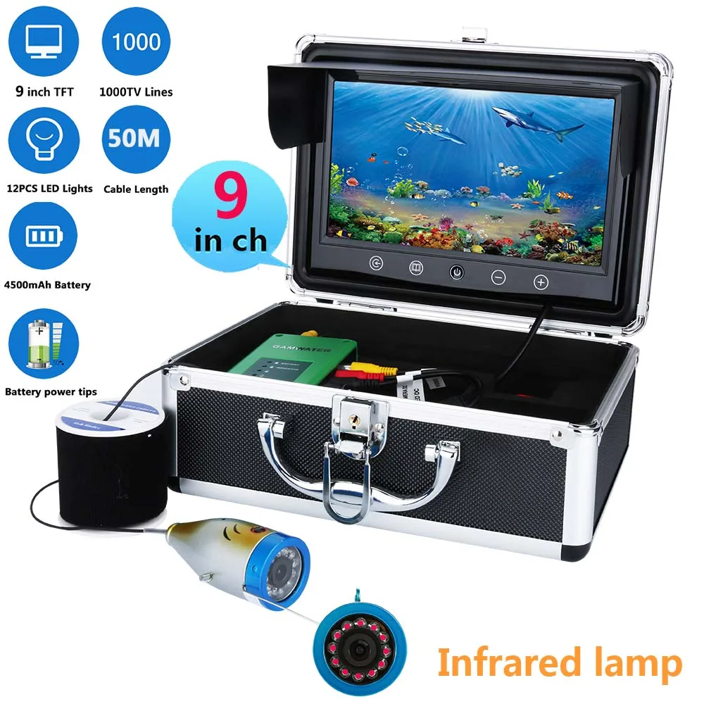 

9" Inch TFT 1000tvl Underwater Fishing Video Camera Kit IR 12 PCS LED Infrared Lamp Lights Video Fish Finder 20M 30M 50M