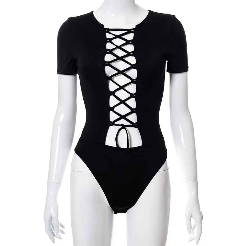 

Black Sexy Cut Out Deep V Neck Lace Up Bodysuit Women Short Sleeve One Piece Romper 2021 Summer Elastic Slim Sporty Overalls