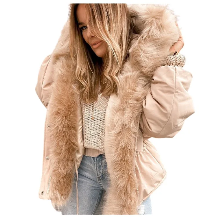 Big Fur Collar Pull Rope Trim Pie Overcome Hooded Fox Fur Women's Clothing Winter Coat Cotton-padded Women's Winter Coat