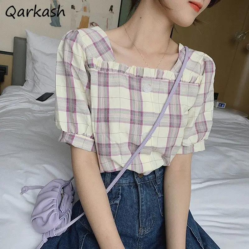 

Blouses Women Lovely Style Summer Slim New Basic Blusas Ulzzang Casual Preppy Puff Sleeve Plaid Feminine Crops College Clothing