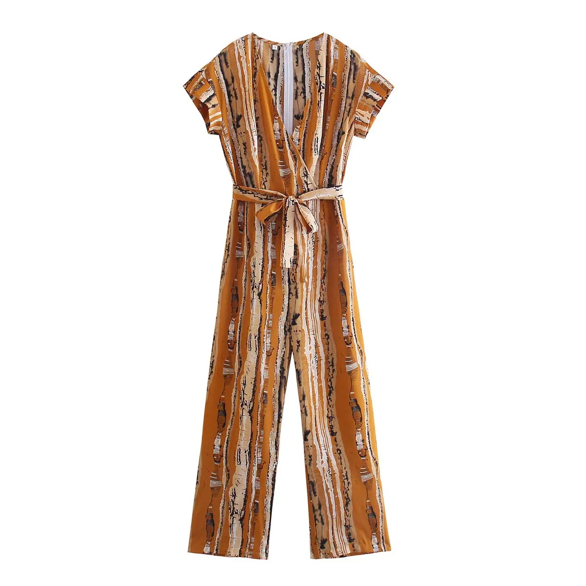 

Printing v-neck belt conjoined trousers
