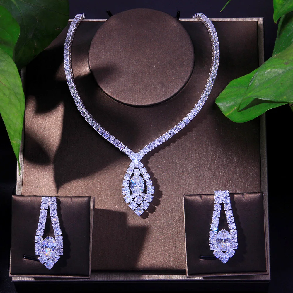 

2 шт. AAAAA обручальные кольца белый кубический циркон ожерелье комплект ювелирных изделий для женщин Свадебные ожерелье и серьги овальная Фо...