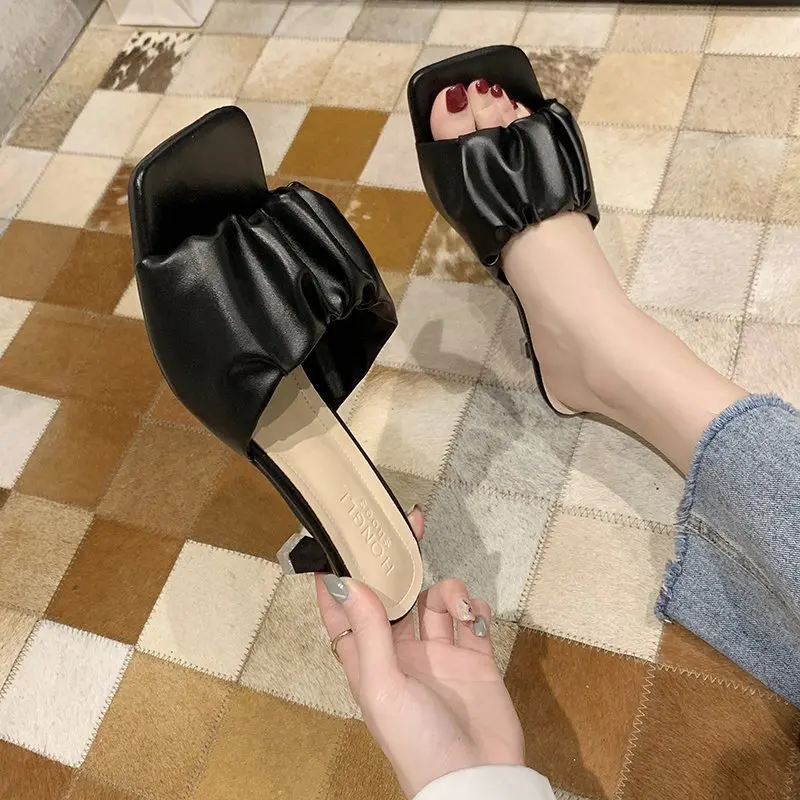

New Fashion Women Slippers Summer Pumps Shoes PU Concise 5cm High Heels Outside Shallow Sexy Solid Ladies Casual Female Slides