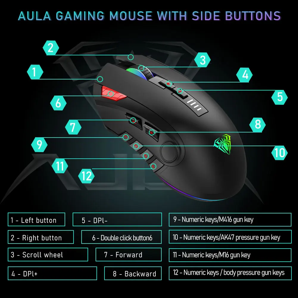 aula h512 rgb backlight gaming mouse 12 buttons programming 5000 dpi optical usb wired mouse with fire keys for laptop desktop free global shipping