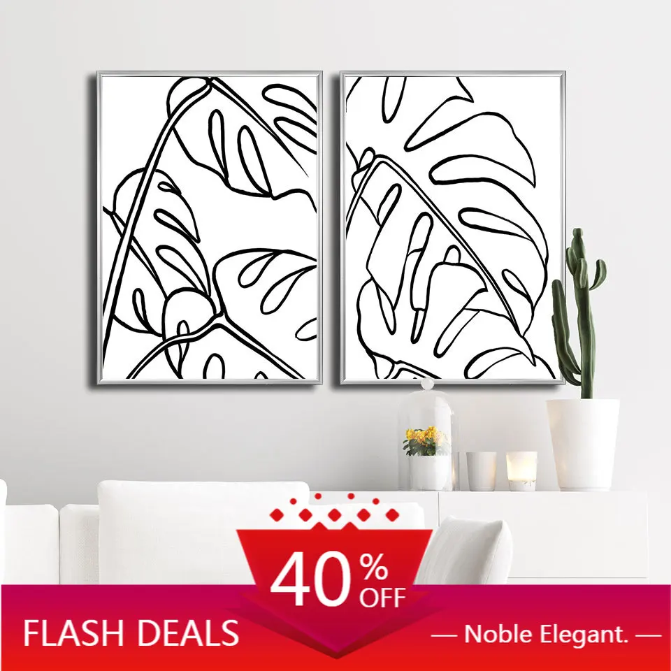 Новогодняя Картина на холсте рисование линий плакат монстеры растения Пальмовые